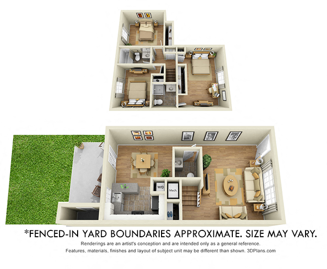 Floor plan for 3 beds, 2.5 baths, 1360 sqft